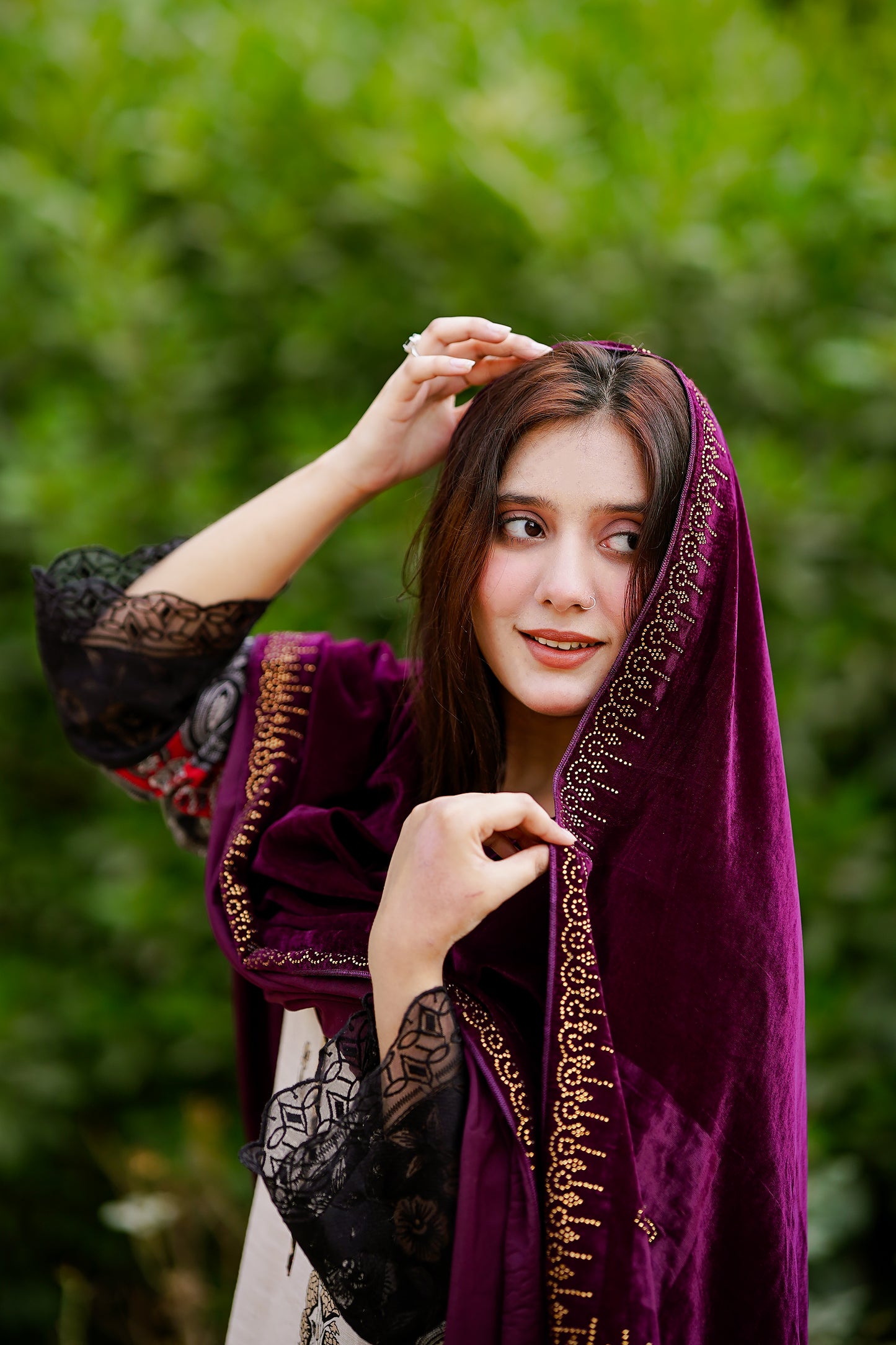 Maroon Embellished Velvet Shawl