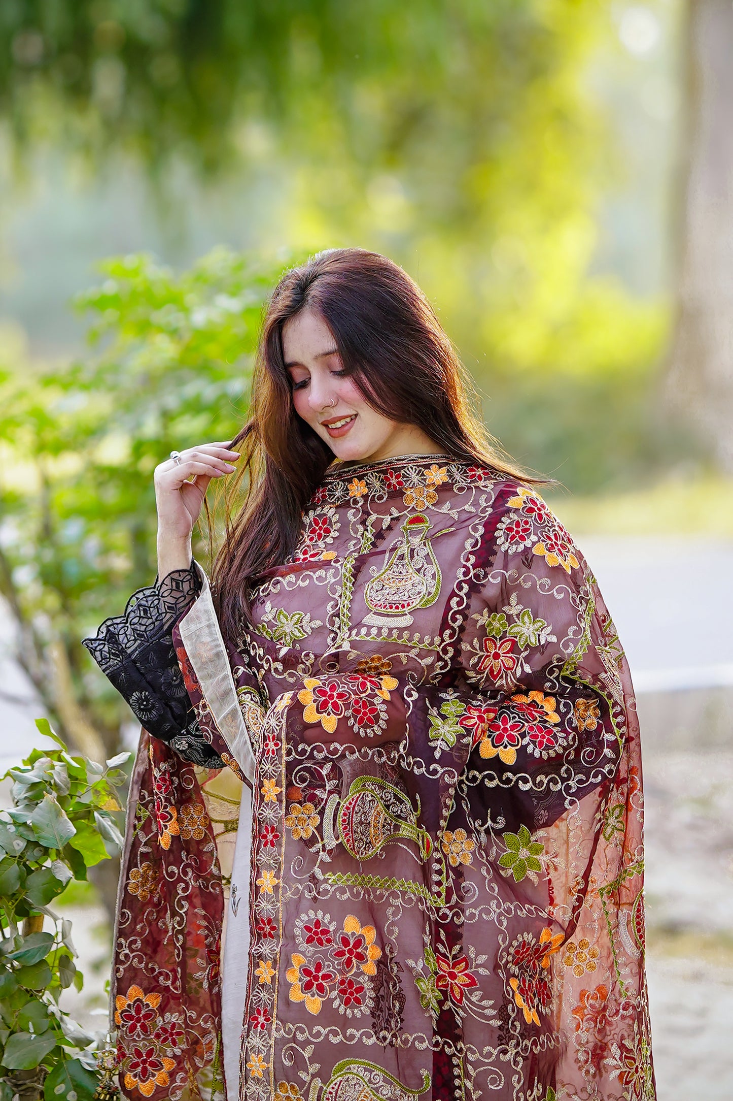 Red Embroidered Chiffon Phulkari Shawl