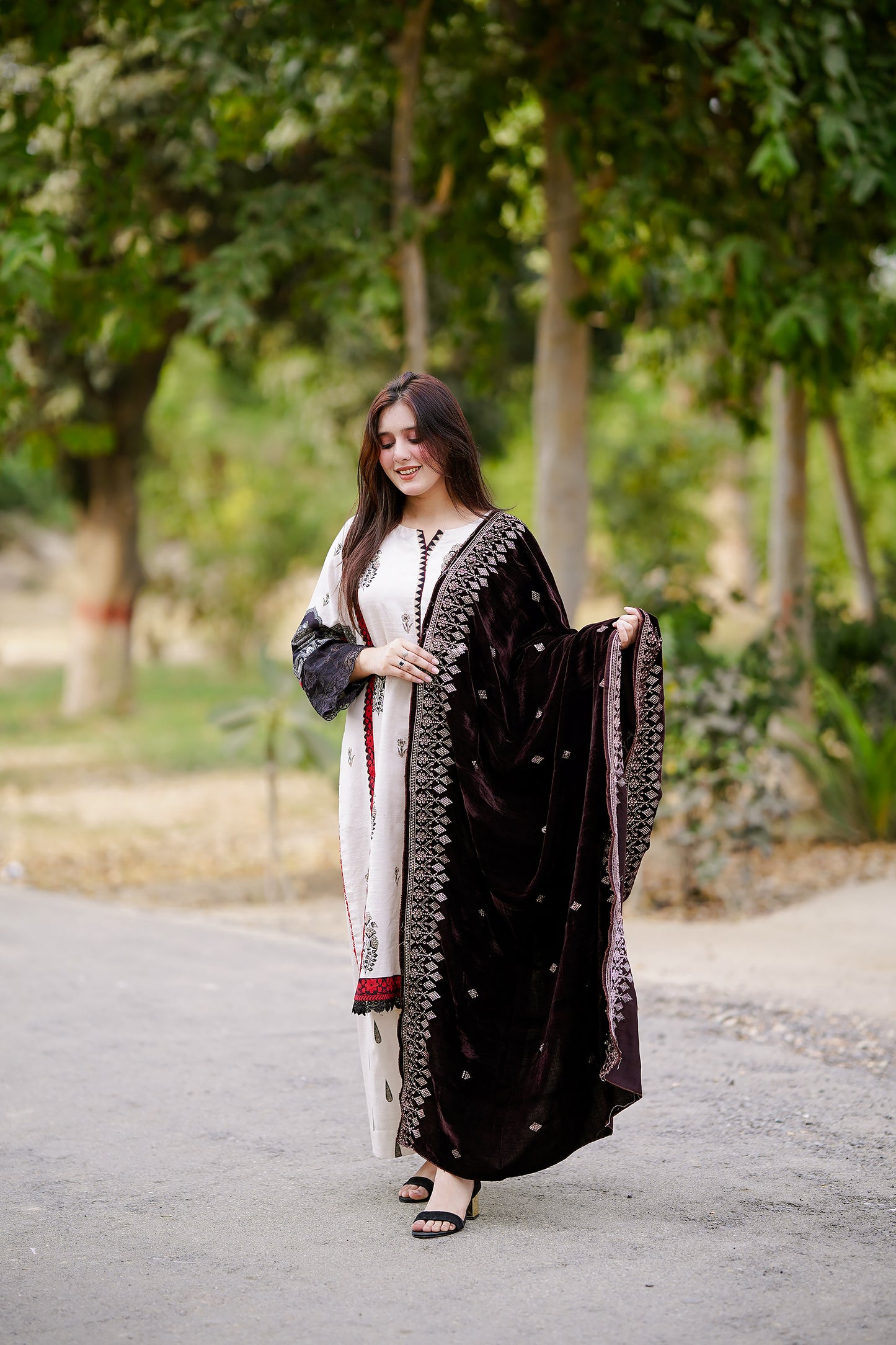 Chocolate Embroidered Velvet Shawl