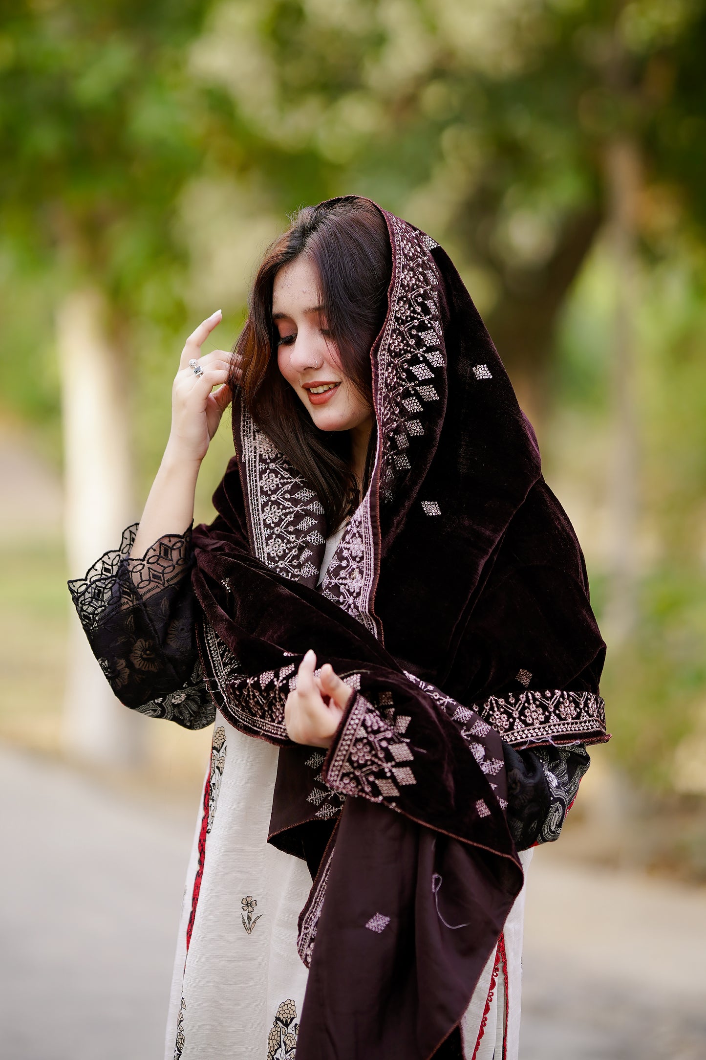 Chocolate Embroidered Velvet Shawl