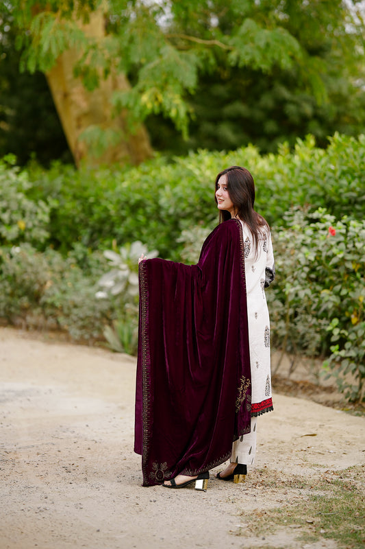Maroon Embellished Velvet Shawl