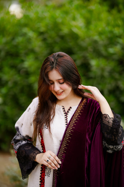 Maroon Embellished Velvet Shawl