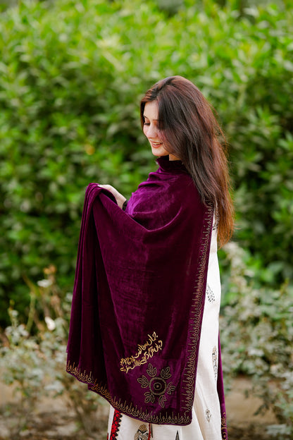 Maroon Embellished Velvet Shawl