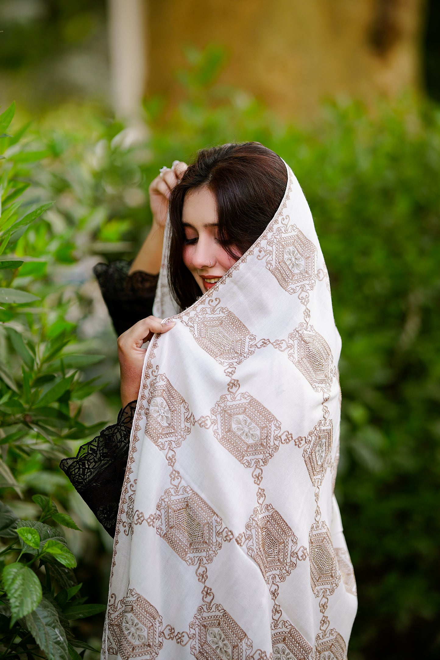 Beige Embellished Cotton Shawl