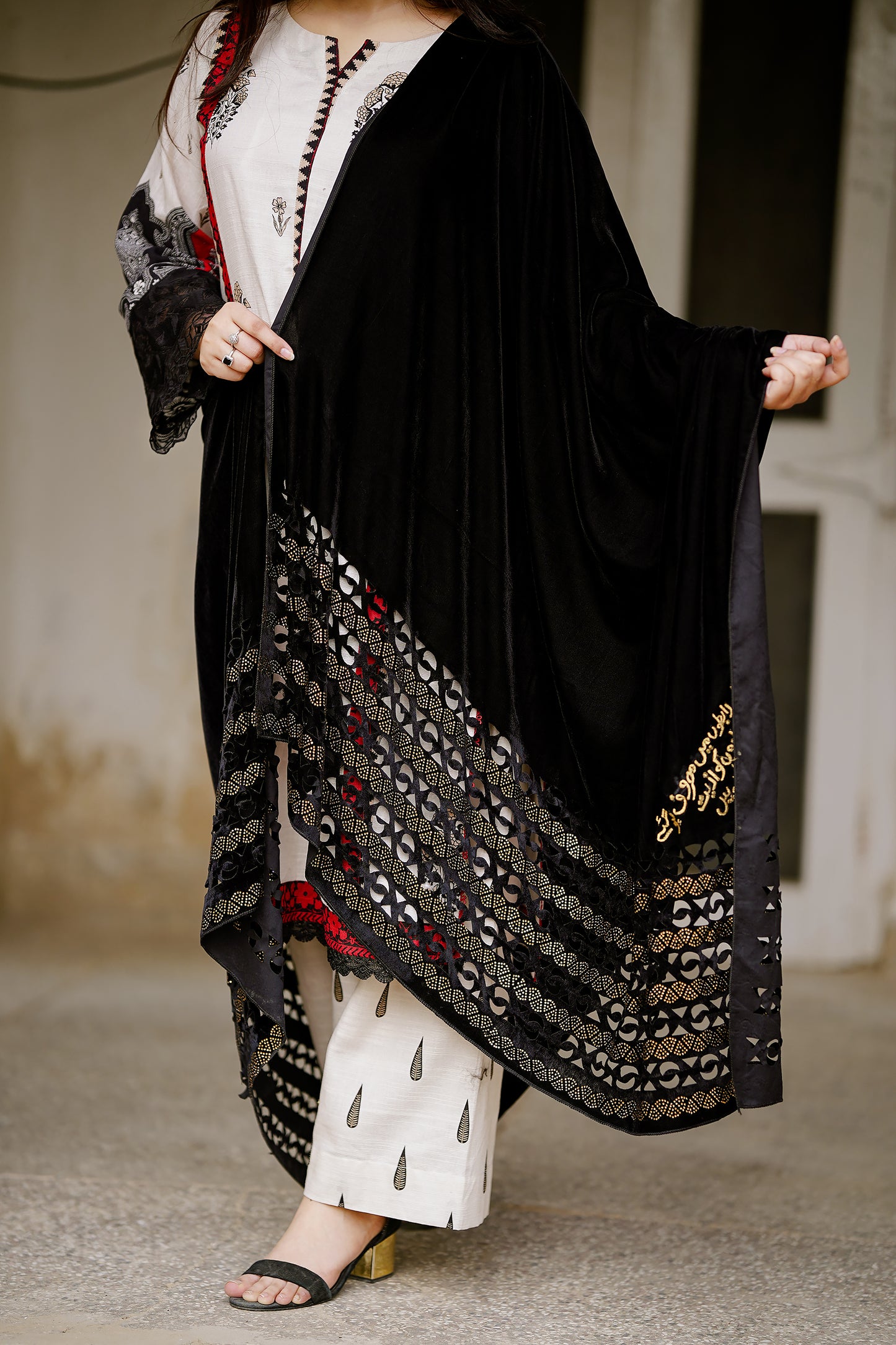 Black Cutwork Velvet Shawl