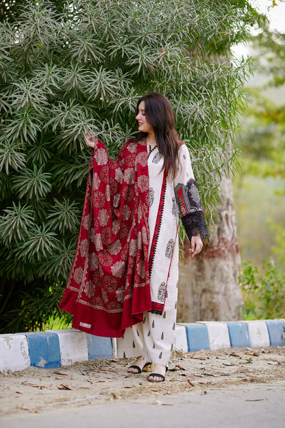 Red Snowflake Khaddar Phulkari Shawl