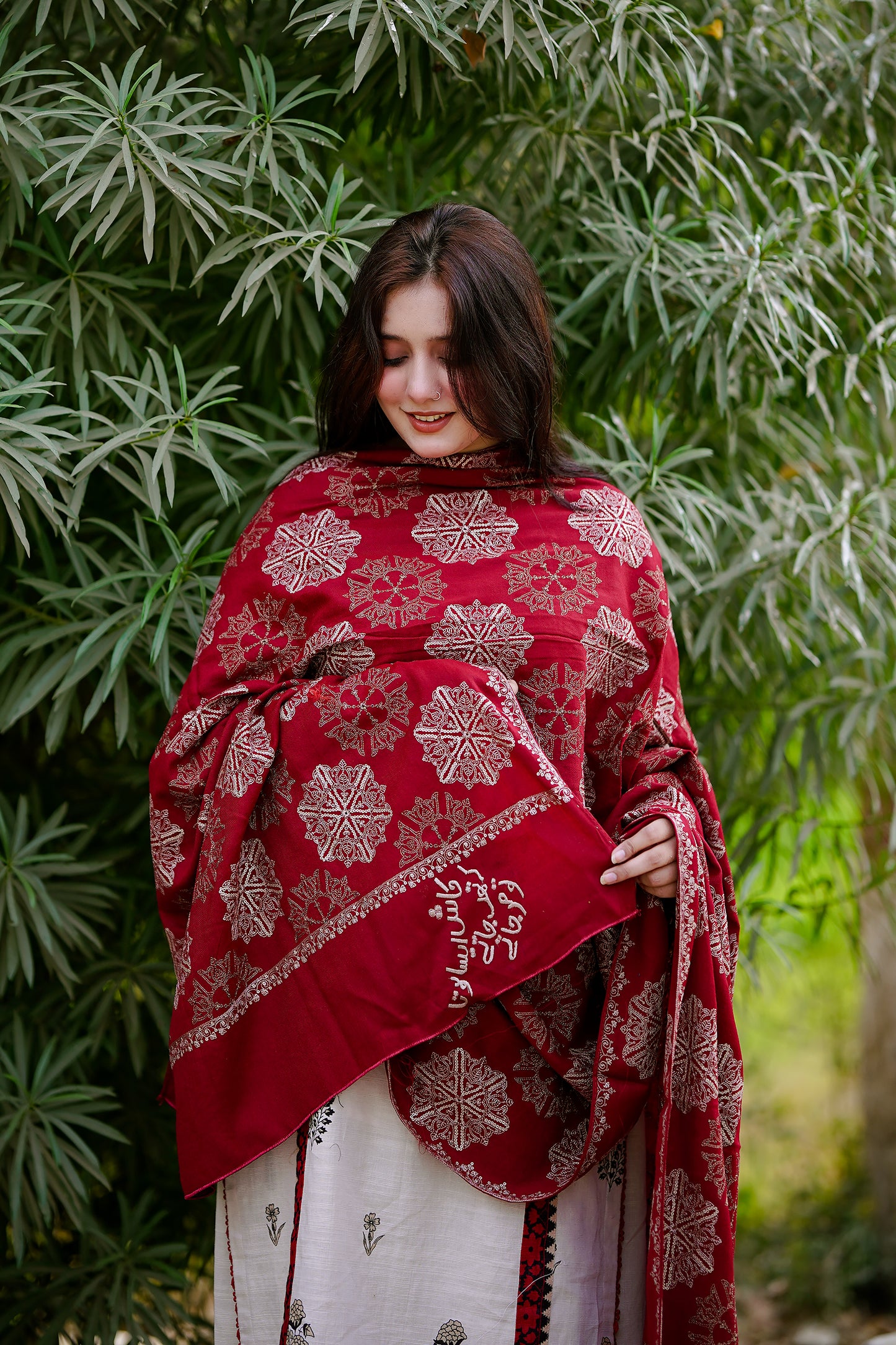 Red Snowflake Khaddar Phulkari Shawl