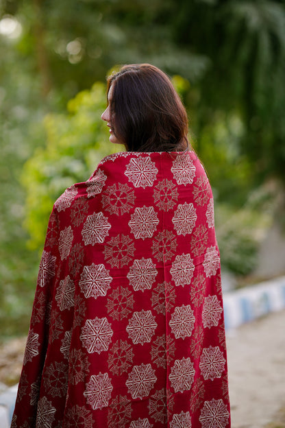 Red Snowflake Khaddar Phulkari Shawl