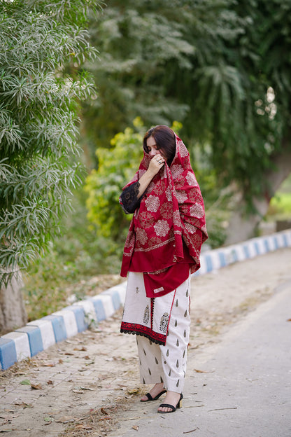 Red Snowflake Khaddar Phulkari Shawl