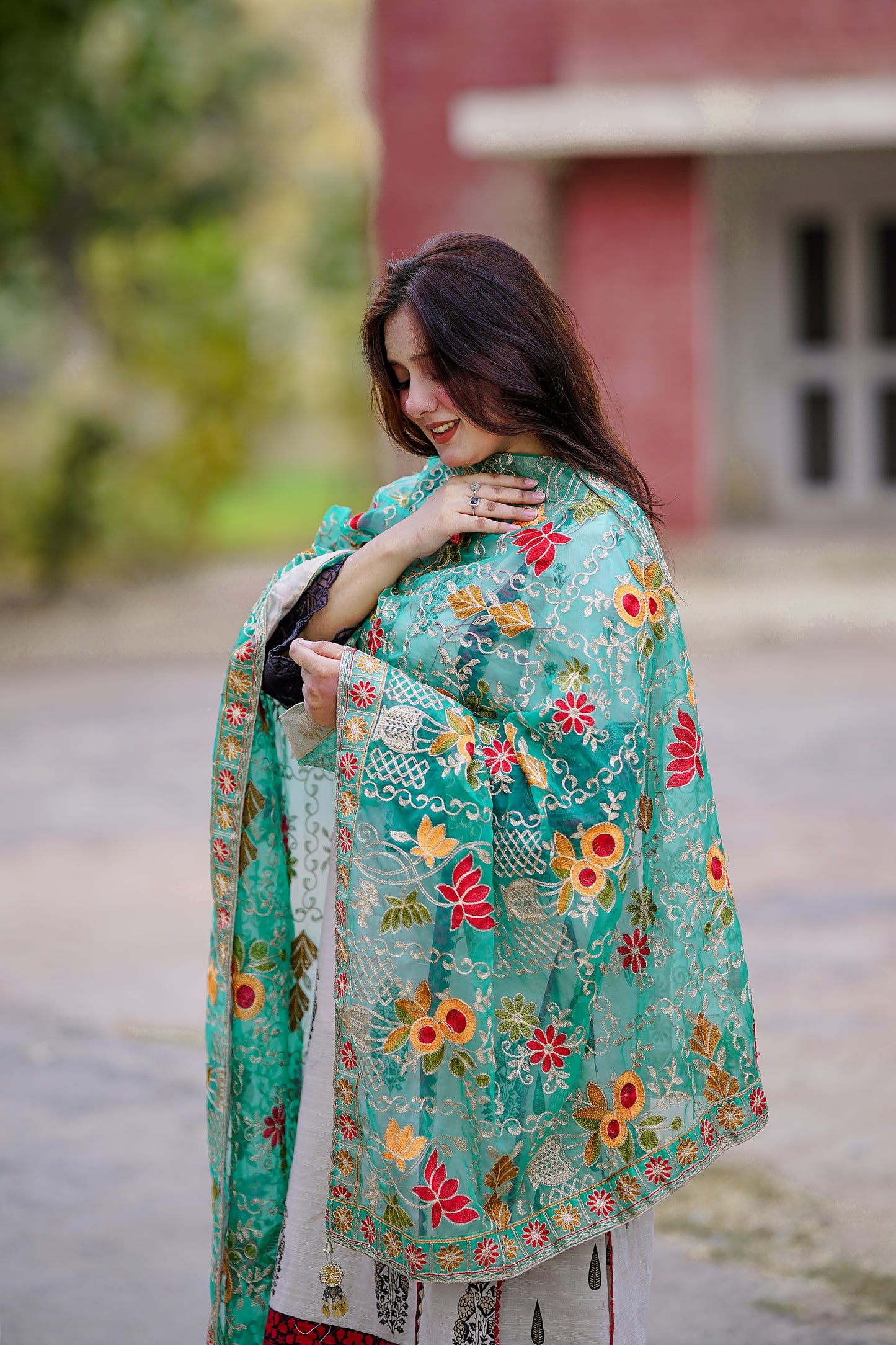 Light Blue Embroidered Chiffon Phulkari Shawl