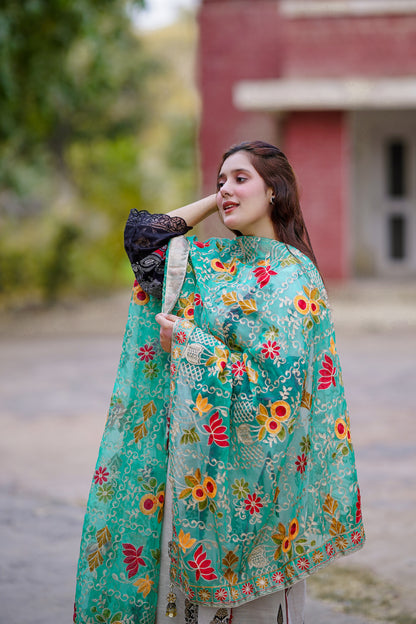 Light Blue Embroidered Chiffon Phulkari Shawl