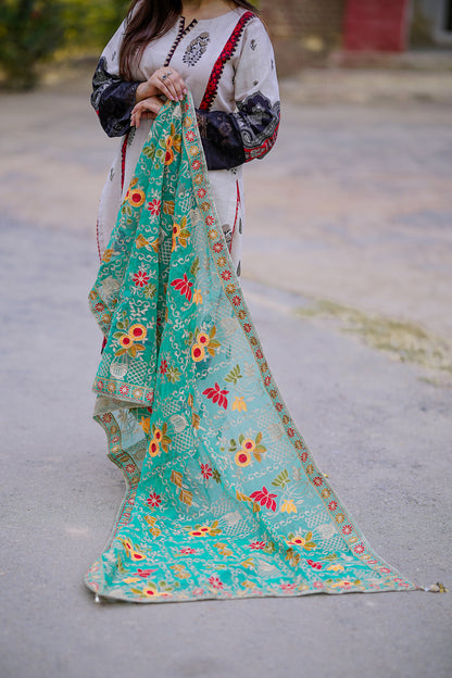 Light Blue Embroidered Chiffon Phulkari Shawl
