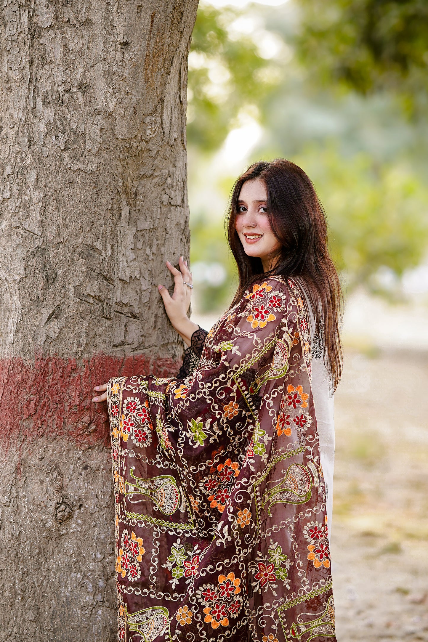 Red Embroidered Chiffon Phulkari Shawl