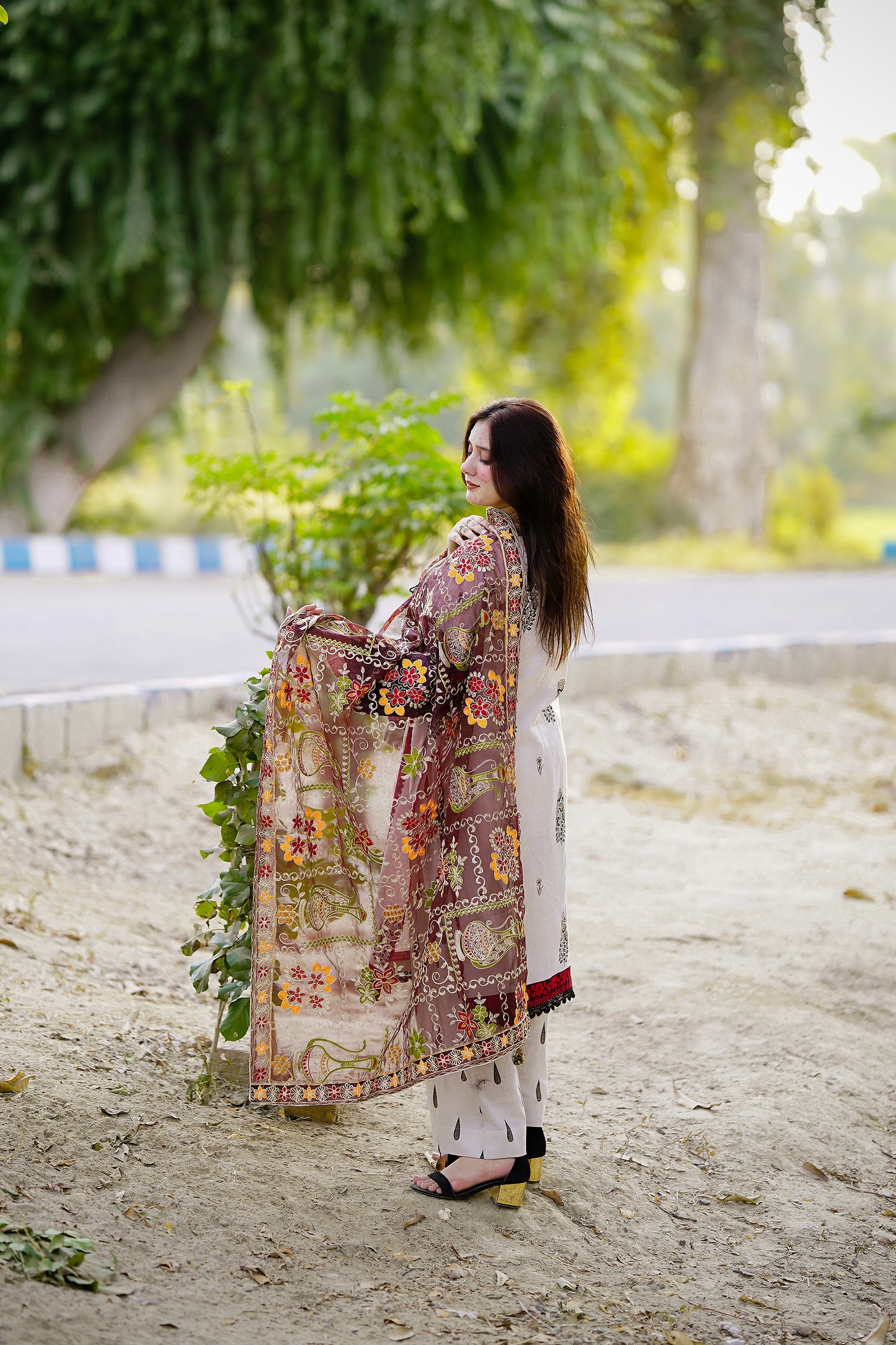 Red Embroidered Chiffon Phulkari Shawl