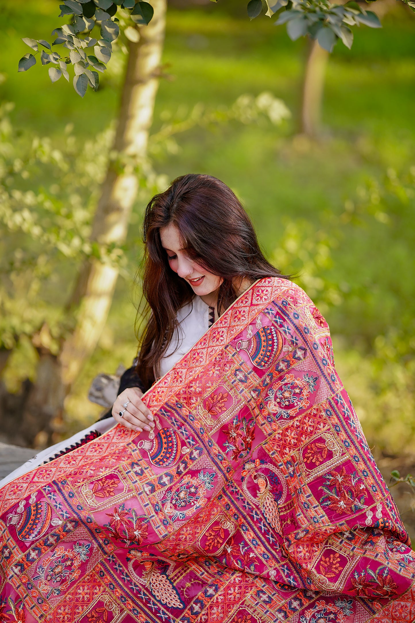 Red Embroidered Khaddar Phulkari Shawl