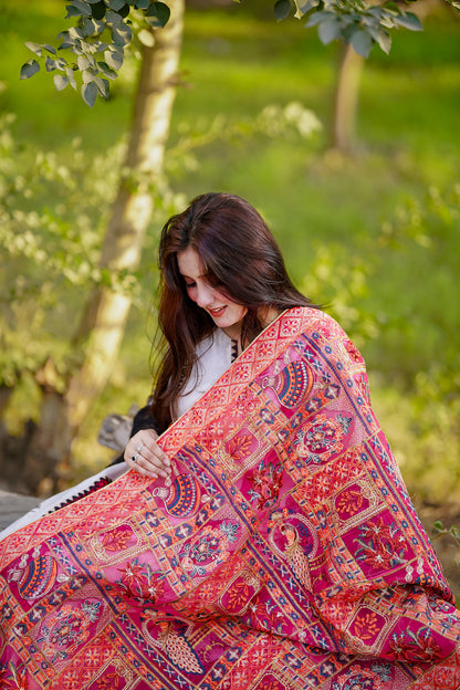 Red Embroidered Khaddar Phulkari Shawl