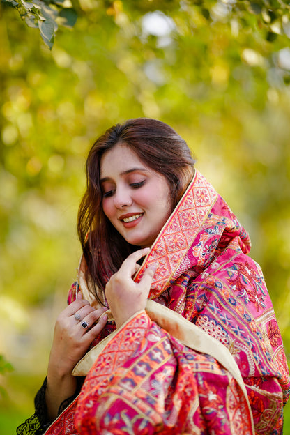 Red Embroidered Khaddar Phulkari Shawl