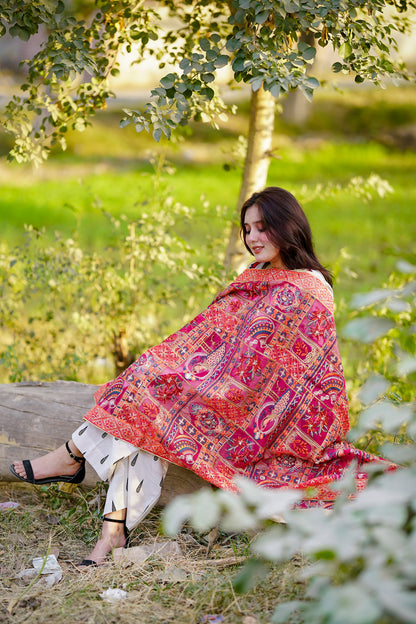 Red Embroidered Khaddar Phulkari Shawl