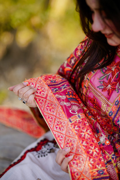 Red Embroidered Khaddar Phulkari Shawl