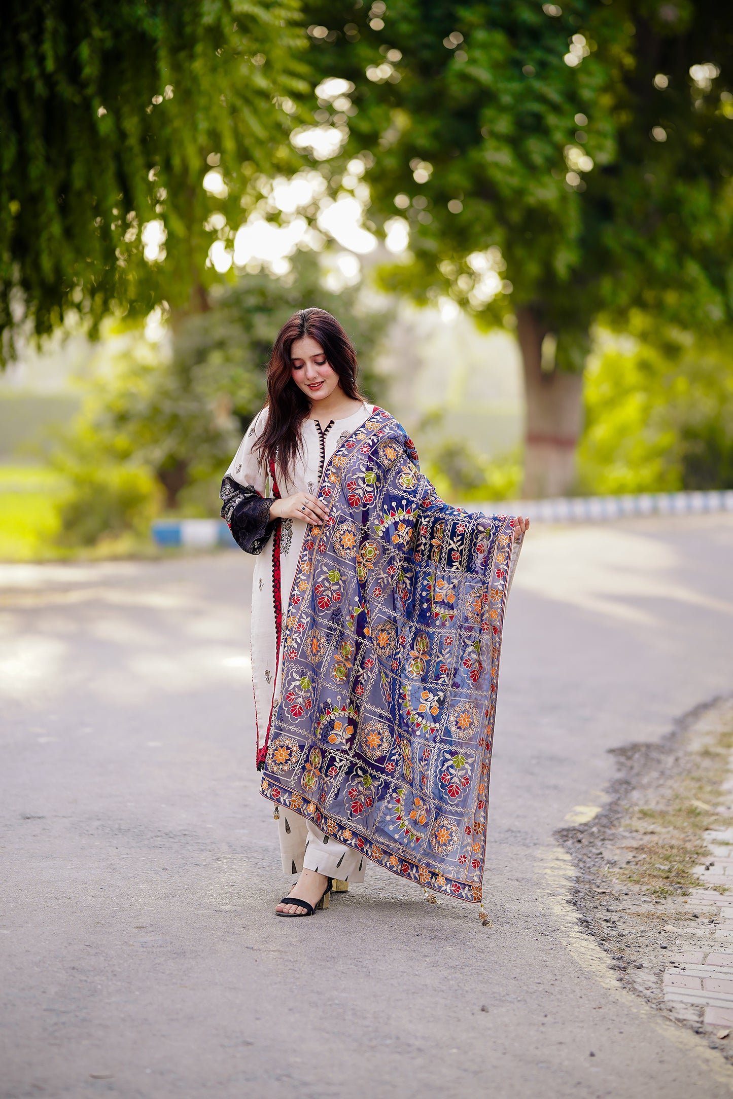 Blue Embroidered Chiffon Phulkari Shawl