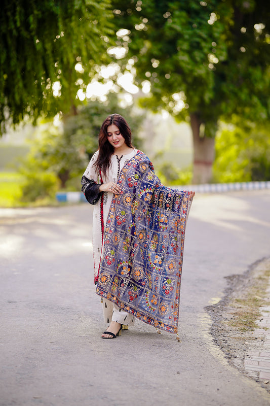 Blue Embroidered Chiffon Phulkari Shawl