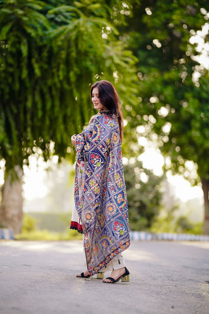 Blue Embroidered Chiffon Phulkari Shawl