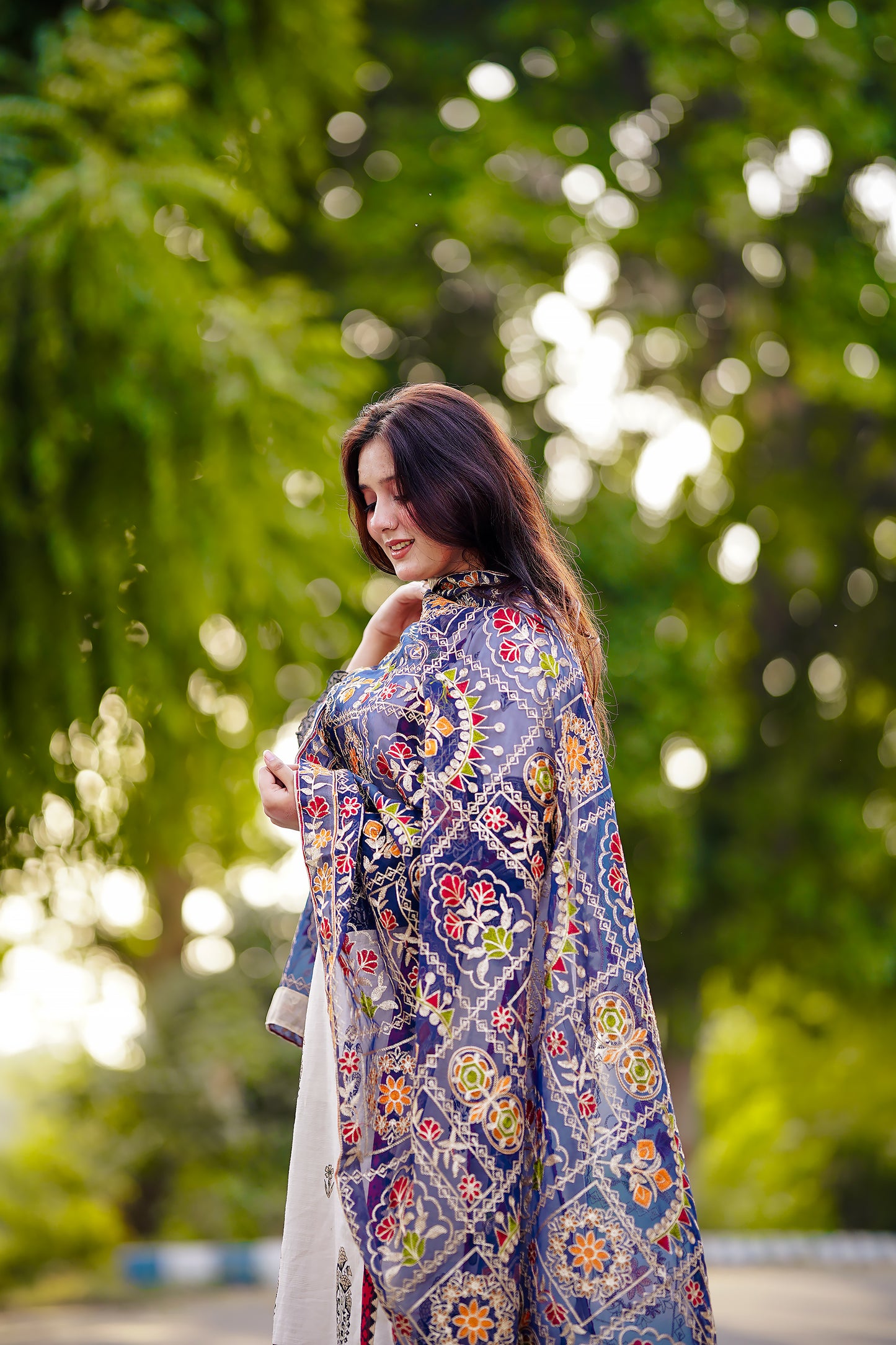 Blue Embroidered Chiffon Phulkari Shawl