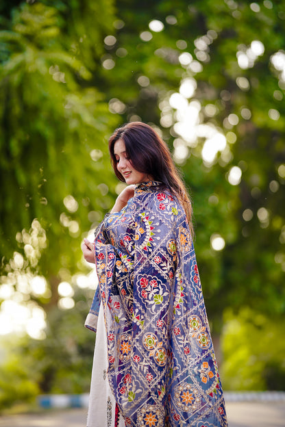 Blue Embroidered Chiffon Phulkari Shawl