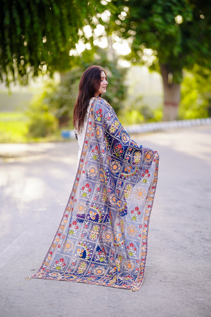 Blue Embroidered Chiffon Phulkari Shawl