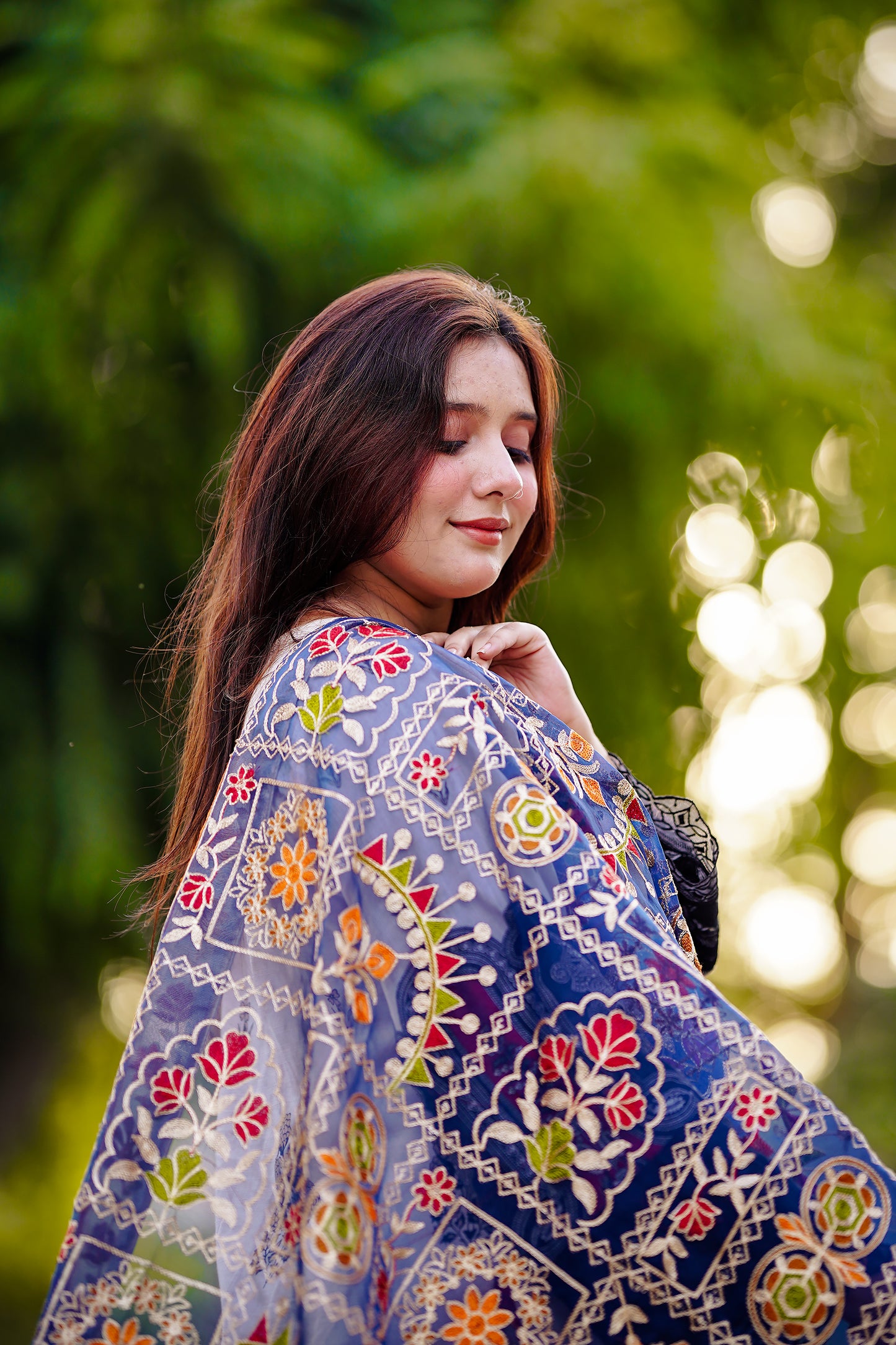 Blue Embroidered Chiffon Phulkari Shawl