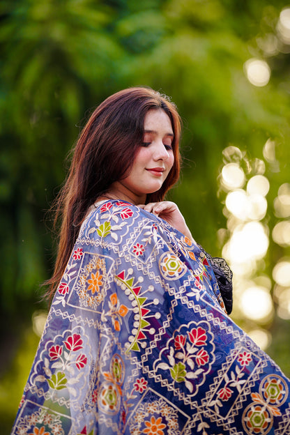 Blue Embroidered Chiffon Phulkari Shawl