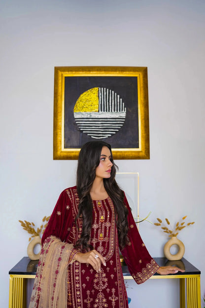 Mehré Crimson Velvet 3 Piece Suit