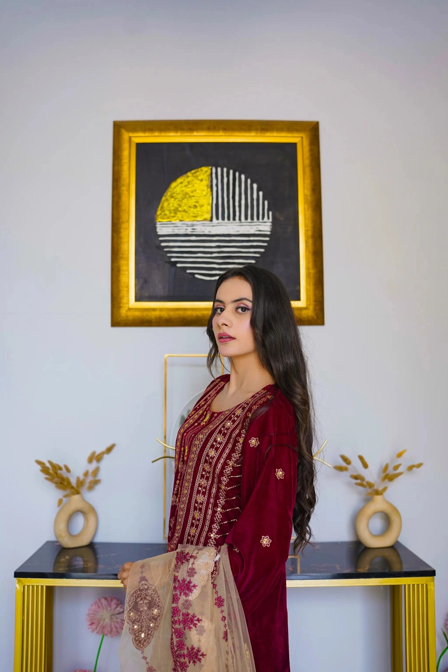 Mehré Crimson Velvet 3 Piece Suit