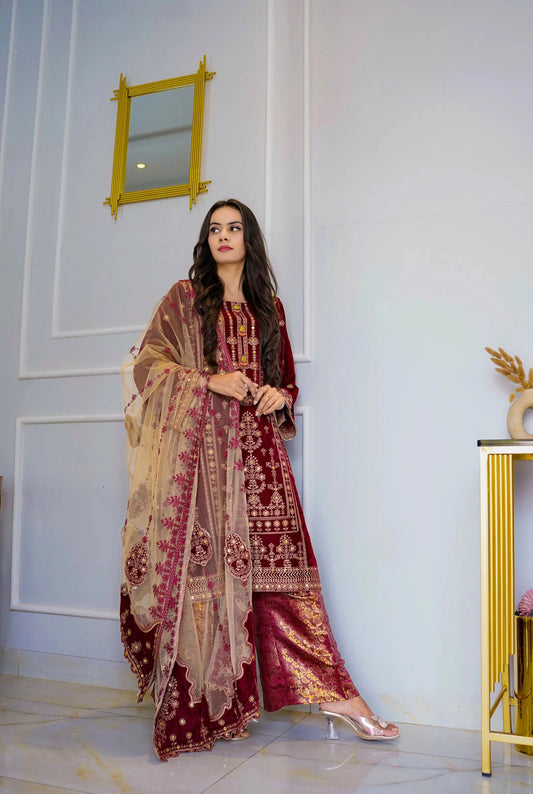 Mehré Crimson Velvet 3 Piece Suit