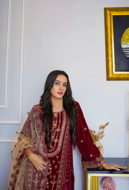 Mehré Crimson Velvet 3 Piece Suit